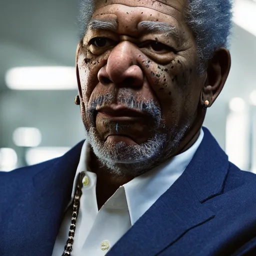 Prompt: a cinematic film still of Morgan Freeman starring as 50 Cent, portrait, 40mm lens, shallow depth of field, close up, split lighting, cinematic