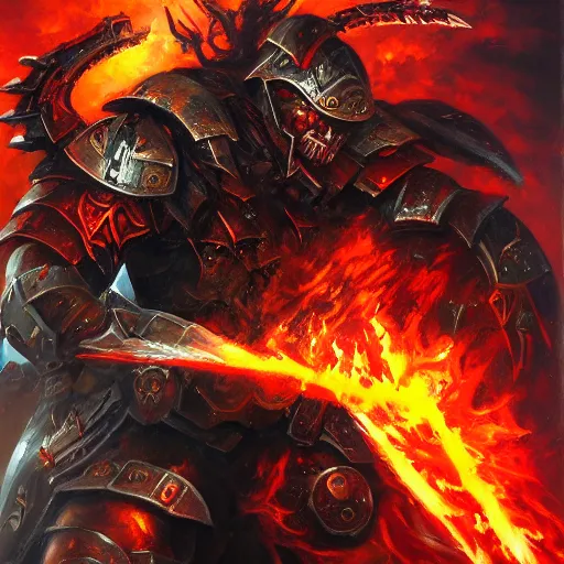 Image similar to a beautiful brutal warrior brutally destroys his enemies on the battlefield, wrath flame and ruin, oil painting, trending on artstation