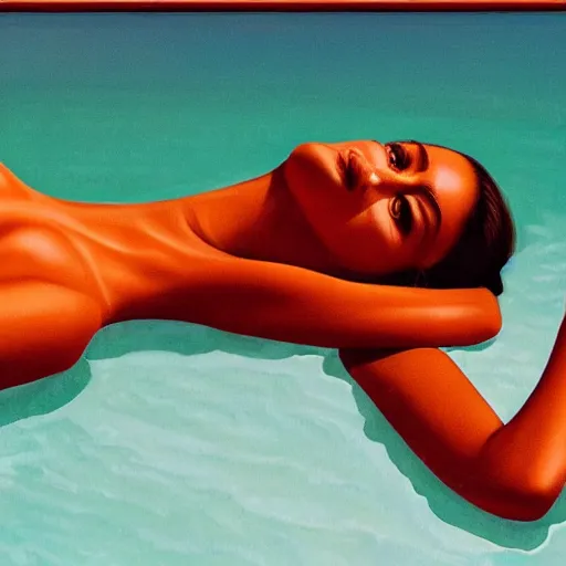 Prompt: Emily Ratajkowski with beautiful face and full body laying in a blood red pool of water between a bright golden glowing mirror frame, outside is space and inside the mirror frame is a beautiful landscape. Hyperrealistic surreal 4K IMAX Rene Margritte intricate, elegant, highly detailed, digital painting, artstation, concept art, smooth, sharp focus, illustration, art by artgerm, Francis bacon, HR Giger and greg rutkowski and alphonse mucha 35mm 8K