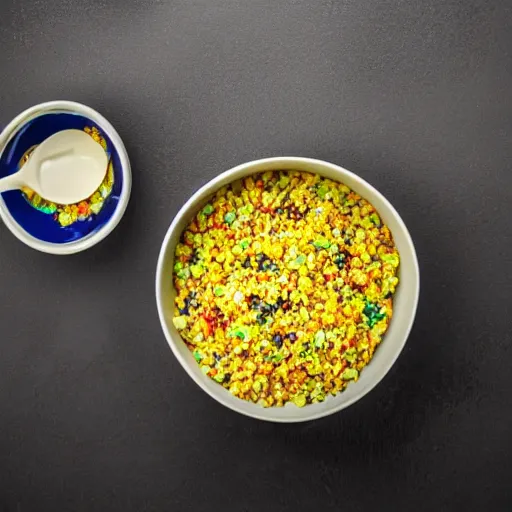 Prompt: overhead photo of a bowl of glowing radioactive breakfast cereal