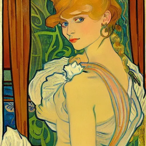 Prompt: painting of beautiful blonde haired, blue eyed woman at the cucumber soup party, elegant, clear, painting, stylized, art, art by alphonse mucha, vincent van gogh, egon schiele,