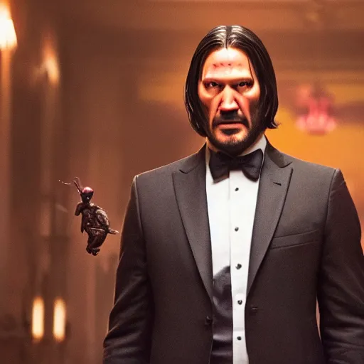 Prompt: kermit the frog as john wick in a still from the film john wick