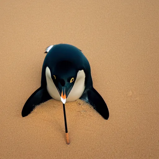 Image similar to photo of a penguin writing with a stick in the sand, sunset natural geographic, award winning