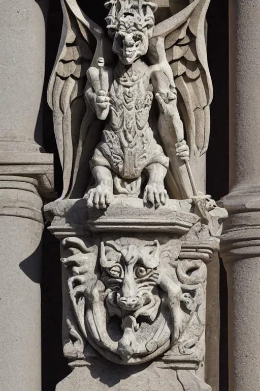 Image similar to ortographic view of a stone sculpture of a gargoyle sitting on a pedestal with intricate carvings and fine detail