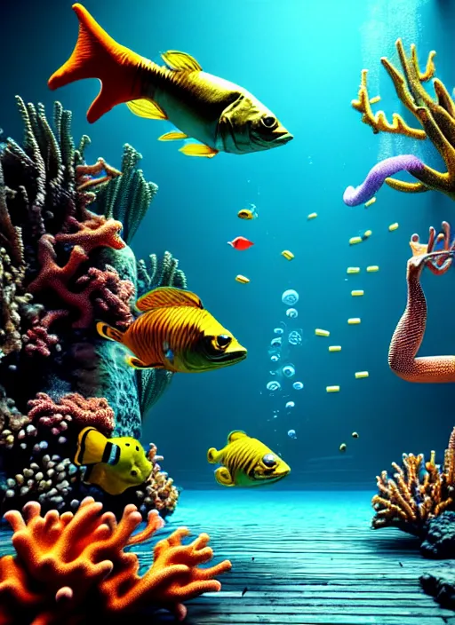 Image similar to hyperrealism, detailed textures, photorealistic 3 d render, an underwater scene with brightly coloured fish smoking cigars, brightly coloured coral, ultra realistic, ultra high pixel detail, cinematic, intricate, cinematic light, octane render, concept art, illustration, art station, unreal engine 8 k