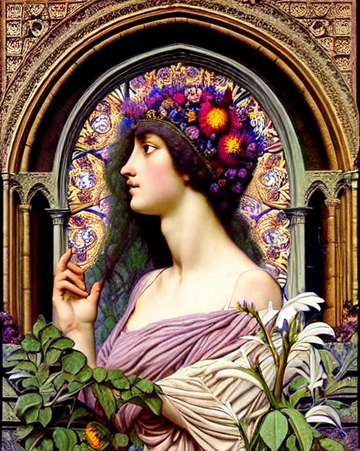 Image similar to hyperrealistic detailed portrait of a beautiful young goddess with an intricate headgear morphing into a gothic cathedral, authentic ornamental architecture, flowers, art by ernst haeckel, john william godward, android jones, alphonso mucha, h. r. giger, gothic, neo - gothic, ornamental, beautiful deep colours,