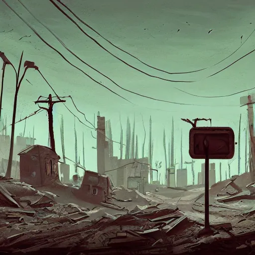 Image similar to drawing in the style of Simon stalenhag, desolate, postapocalyptic, atmospheric, 4k