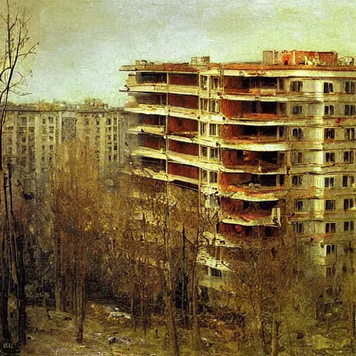 Prompt: a wonderously complicated painting of an abandoned russian brutalist appartment being retaken by nature by ilya repin