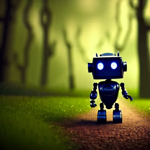 Prompt: a cute little robot in a wood. super realistic 8 k render of a dark hooded powerful elegant, cinematic composition