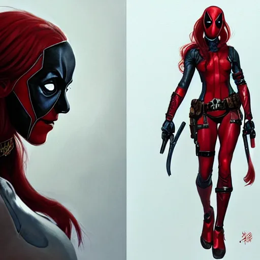 Image similar to portrait of a girl wearing deadpool costumes, upper body, red hair, long hair, d & d, fantasy, fierce, sharp features, intricate, elegant, highly detailed, digital painting, artstation, concept art, matte, sharp focus, illustration, art by artgerm and greg rutkowski and alphonse mucha