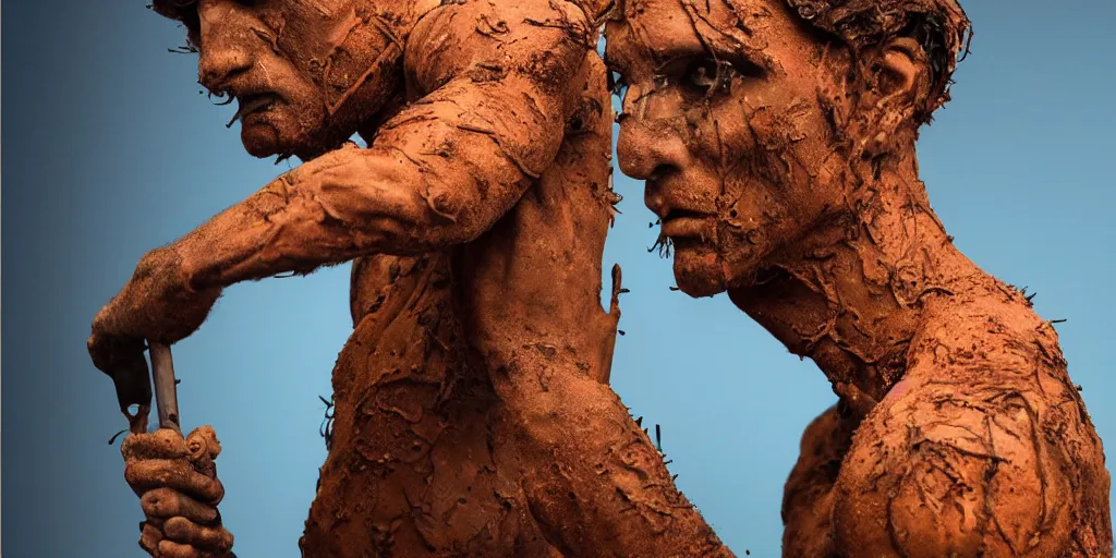 Prompt: highly detailed photography of a men made of rust clay with fire, rocks, hand gesture, dust particles, dirt, dramatic scene, aesthetic dynamic lighting, masterpiece, by roberto ferri, blue background, high quality, spatula