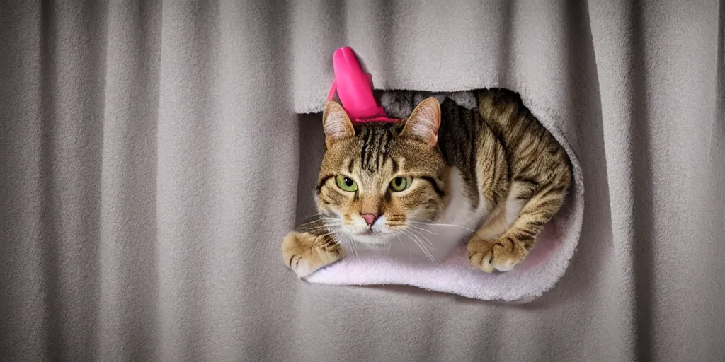 Image similar to shower curtain product catalog. wide - angle photo. on the curtain is a tabby cat wearing a large head towel coming out of a bathtub, product photography of a shower curtain, product lighting. 4 k, highly detailed. saturated.