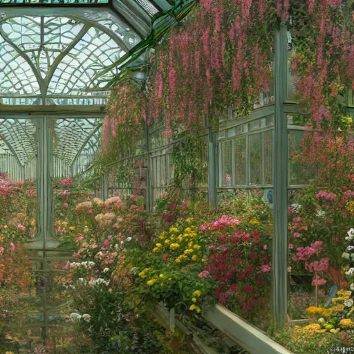 Image similar to a beautifull intricate greenhouse with many flowers, reflexions, verry high details by william turner art, greg rutkowski and alphonse mucha, and moebius, trending on artstation, very very detailed, masterpiece, - h 7 0 4