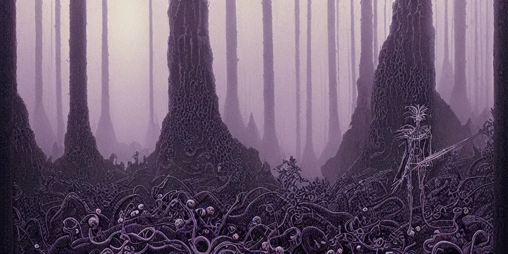 Image similar to grainy risograph matte painting of dark bejeweled huge botanical macabre paladin, atmospheric, densed foggy forest, omnious, epic composition, by moebius, hyperrealism, intricate detailed