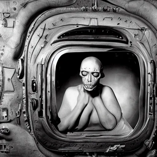 Prompt: aliens inside a spaceship interior, hyper realistic, hight detail, sharp focus, tilt shift lens, wide angle, black and white photo by Joel Peter Witkin: n-4