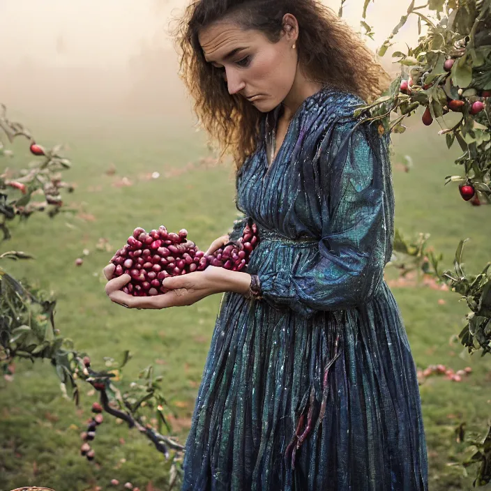 Prompt: a closeup portrait of a woman wearing a dress made of tangled twisted knotted iridescent ribbon, picking pomegranates from a tree in an orchard, foggy, moody, photograph, by vincent desiderio, canon eos c 3 0 0, ƒ 1. 8, 3 5 mm, 8 k, medium - format print