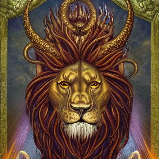 Image similar to lion headed serpent demiurge creator god yaldabaoth, epic, mystical, ancient, hyperrealistic