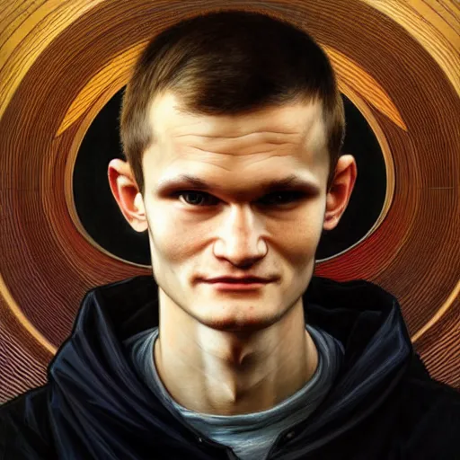 Image similar to Portrait of Vitalik Buterin as the gigachad, highly detailed, digital painting, artstation, concept art, matte, sharp focus, illustration, art by Artgerm and Greg Rutkowski and Alphonse Mucha, portrait