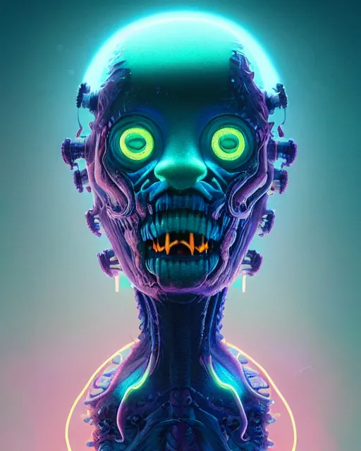 Image similar to portrait of a creepy bioluminescent monster, highly detailed, digital painting, cinematic, hyperrealism, dark retrowave, art by simon stalenhag and stanley lau and artgerm and magali villeneuve and alphonse mucha, artstation hd, octane render, cgsociety