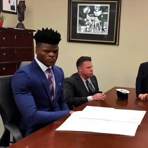 Prompt: lamar jackson in a boardroom tearing up a piece of paper as an executive freaks out