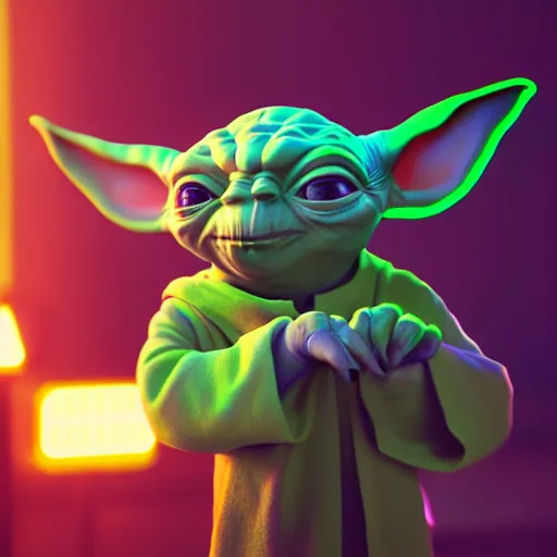 prompthunt: portrait photo of baby yoda wearing sunglasses, blue and yellow  neon lights, dark, highly detailed, 4 k 