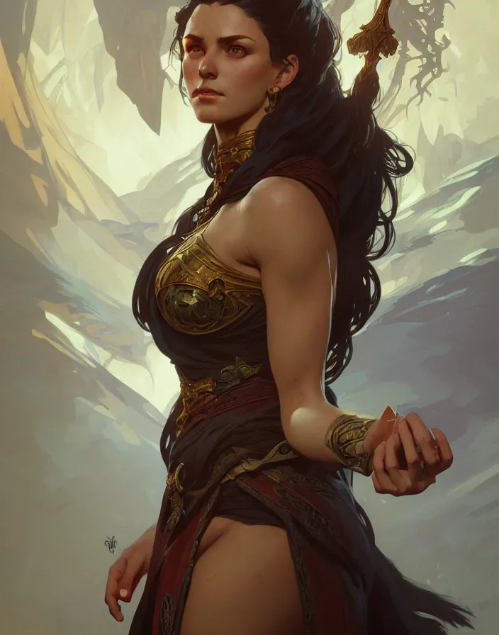 Image similar to portrait of f beautiful female mage, d & d, qpao fantasy, flat lighting, intricate, muscular, highly detailed, digital painting, artstation, concept art, smooth, sharp focus, illustration, art by simon bisley and greg rutkowski and alphonse mucha, natural tpose