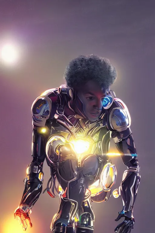 Image similar to a black kid fixing his futuristic robot in the nature, mixing solarpunk, afropunk ( ( ( ( volumetric light ) ) ) ), high angle, part by pearl fryar, part by prince damah, sunny day, trending on artstation, cinematic view, illustration, painting, realistic, inspired in black panther