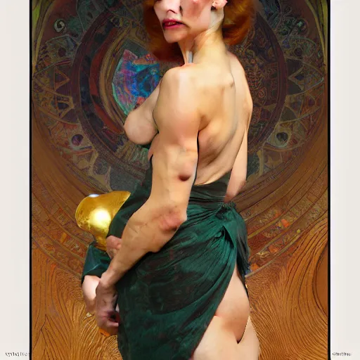 Image similar to modern woman | muscular | hyperrealistic | action pose | digital painting | trending on artstation | pinup portrait | clean | illustration | dressed | unreal engine 5 | 8 k resolution | rubenesque | by greg rutkowski alphonse mucha gustav klimt and mel ramos