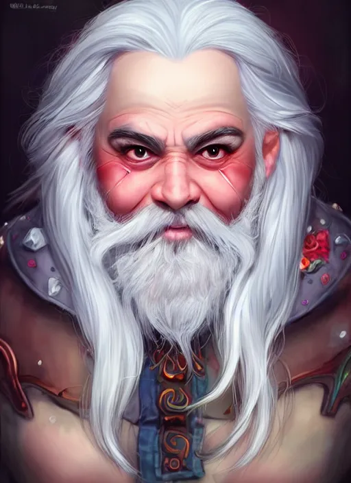 Image similar to happy dwarf with white hair, red iris, long beard, pale snow white skin, full body character portrait, colorful aesthetic, highly detailed, digital art by artgerm