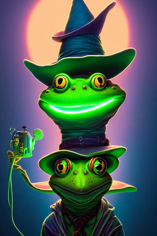 Image similar to Bioluminescent, portrait of frog wearing wizard hat, very intricate , trending on artstation , very elegant, in the golden hour by Dan Mumford and Moebius and Daniel Merriam, Trending on Artstation, oil on Canvas by Elena Zhurikhina and Goro Fujita and Charlie Bowater, octane render, 4k, 8k, HD