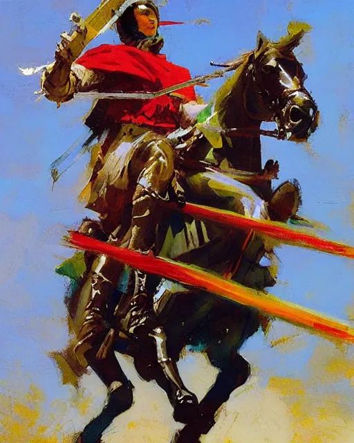 Image similar to close - up portrait of colorful rider pointing jousting lance at camera, caparisons, galloping, chainmail, by greg manchess, bernie fuchs, ruan jia, walter everett