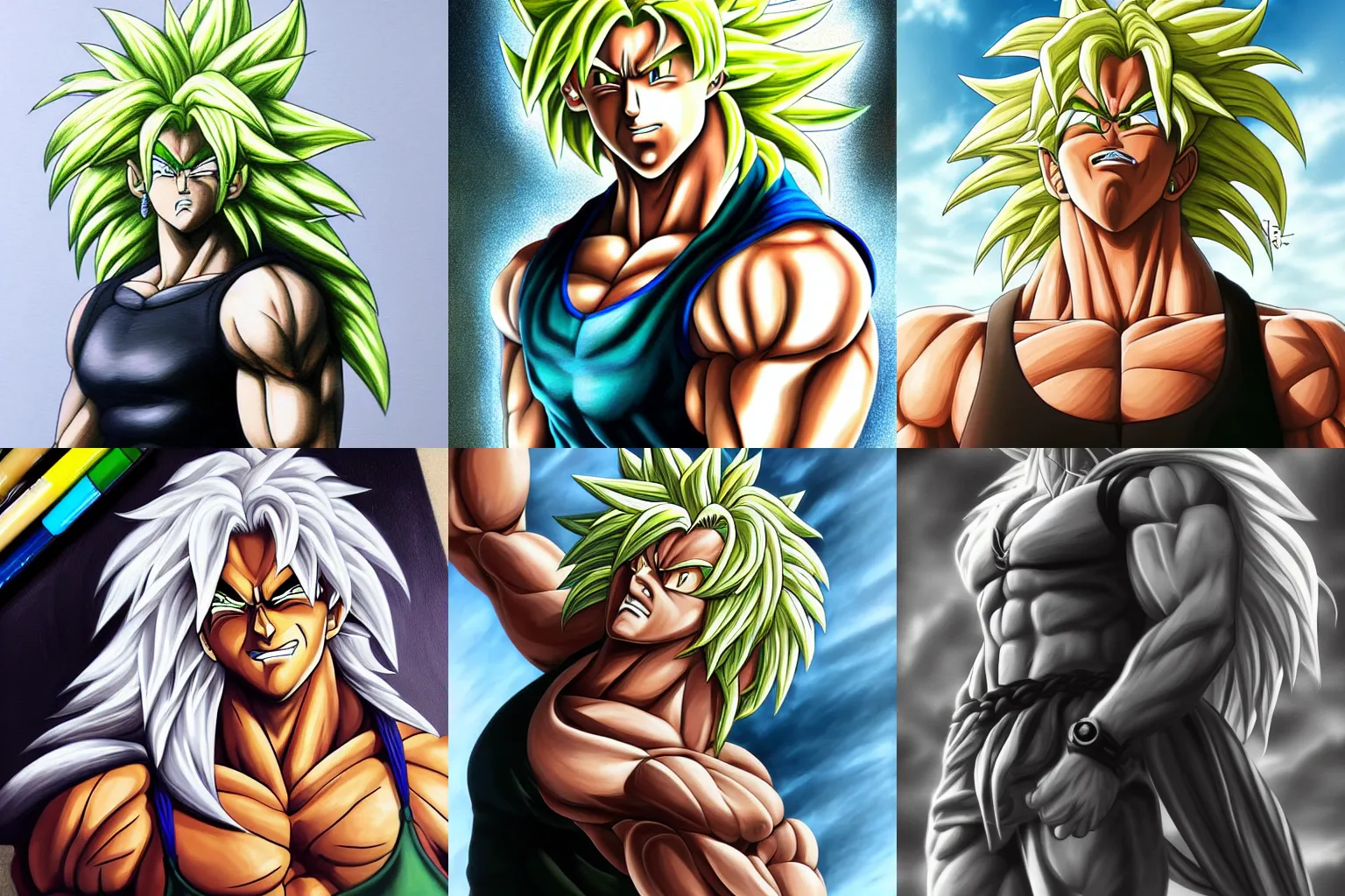 Prompt: broly by sakimichan 4k artstation hyperdetailed beautiful painting, long blond hair, black tank top, staring at the viewer, photorealistic