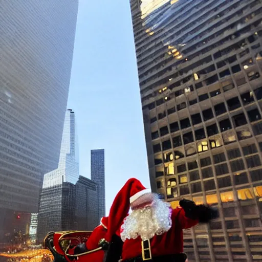 Image similar to santa claus in sleigh crashing directly into world trade center