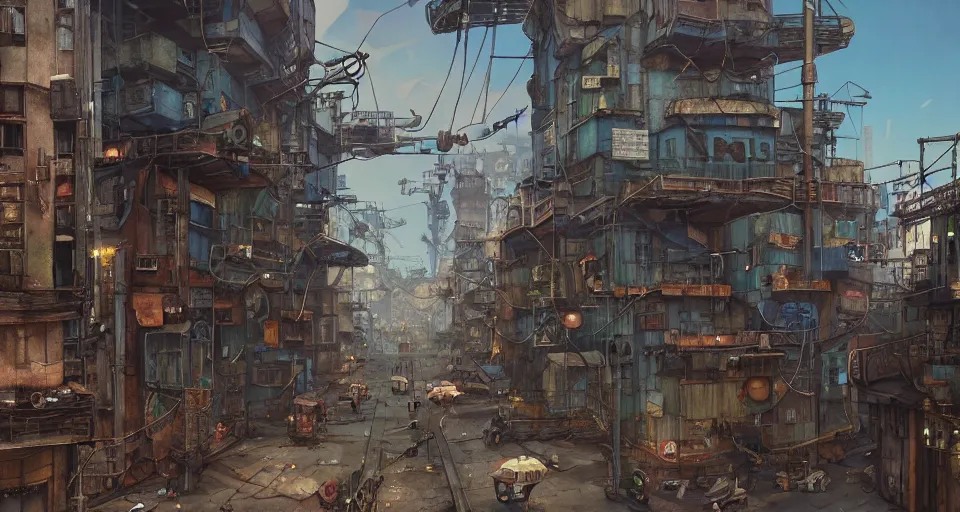 Image similar to a industrial STEAMPUNK CITY Street scenery in the FAVELAS, signs, billboards and cable Connecting MULTI LVL BUILDINGS, rendered by simon stålenhag, rendered by Beeple, Makoto Shinkai, syd meade, environment concept, digital art, starwars, Gundam Style, unreal engine, 3 point perspective, WLOP, trending on artstation, low level, 4K UHD image, octane render,