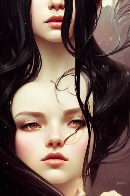 Prompt: a beautiful girl with long black hair, fantasy, portrait, sharp focus, intricate, elegant, digital painting, artstation, matte, highly detailed, concept art, illustration, ambient lighting, art by ilya kuvshinov, artgerm, Alphonse mucha, and Greg Rutkowski