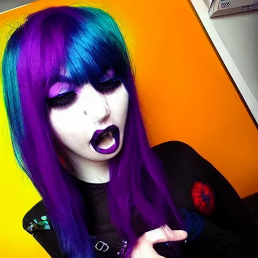 Prompt: instagram photo of a goth girl with colorful hair. She is doing the ahegao face.