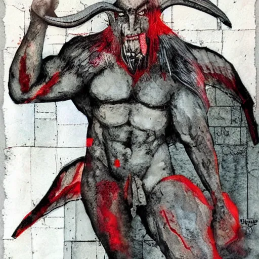 Image similar to comic strip loose, subtle by paul lovering. mixed media art. a large, muscular demon - like creature with wings, standing in a dark, hellish landscape. the creature has red eyes & sharp teeth, & is holding a large sword in one hand.