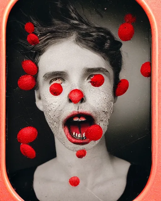 Image similar to hyperrealistic anthropomorphic red and white polka dotvenus fly trap luscious lips creepy wet tongue photography portrait tin type