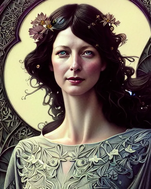 Image similar to beautiful and playful ethereal caitriona balfe ( outlander ) portrait, art nouveau, fantasy, intricate flower designs, elegant, highly detailed, sharp focus, art by artgerm and greg rutkowski and wlop