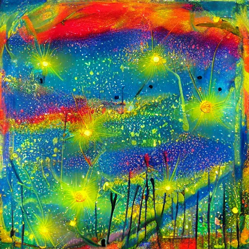 Prompt: a field of fireflies, colorful, ethereal, mixed media, paint, collage, bright