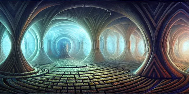 Prompt: painting of a labyrinth in the style of nebulapunk by dan seagrave and tomasz alen kopera