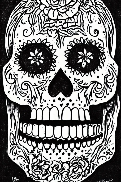 Prompt: illustration of a sugar skull day of the dead girl, art by victor moscoso