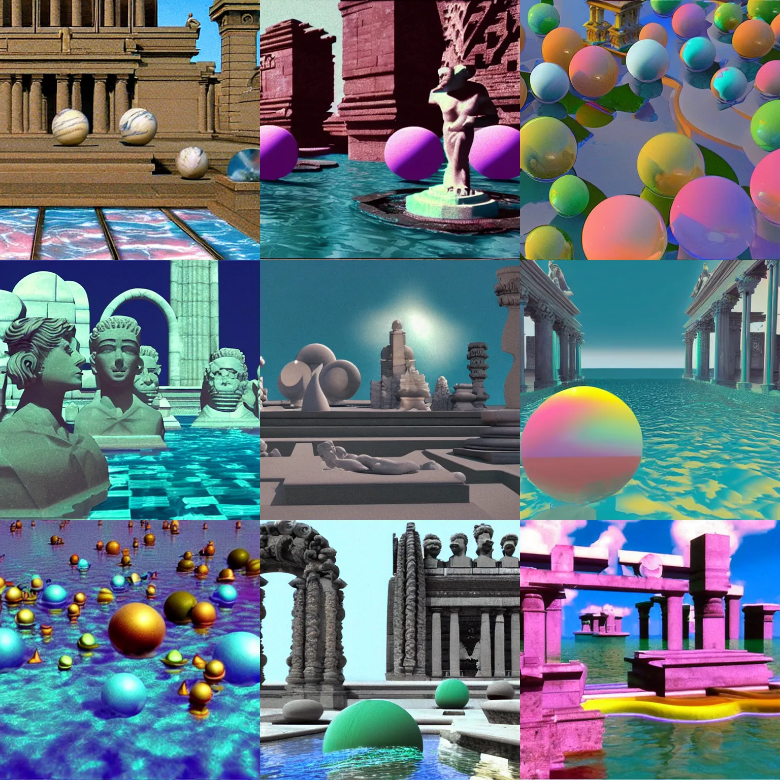 Prompt: still from a 1 9 8 3 3 d computer animation, vaporwave, constructive solid geometry, floating colorful spheres and shapes, statues, faces, water, glass, marble, chrome, stone, dolphins, temples, clouds