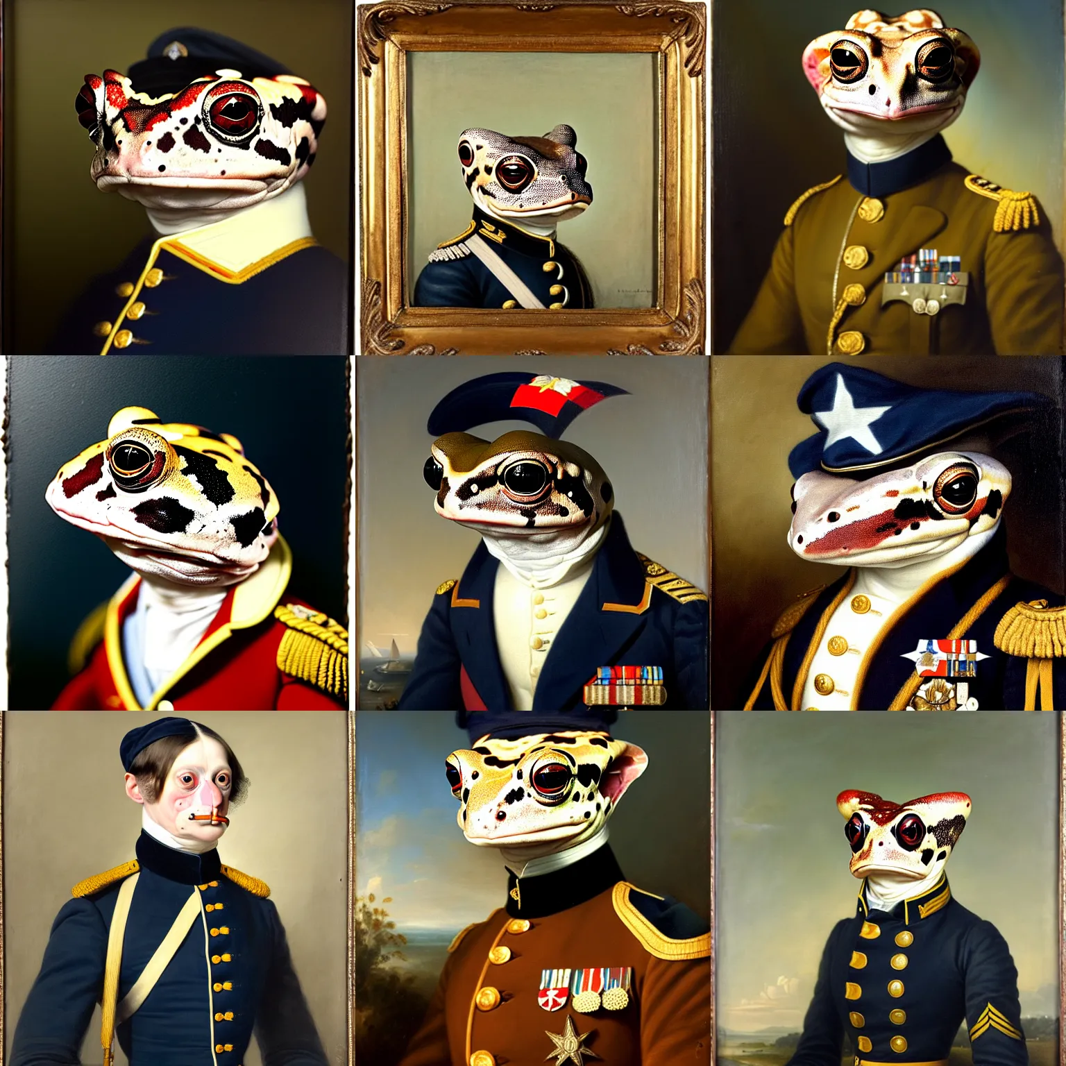 Prompt: a head - and - shoulders portrait of an amazon milk frog wearing a navy colonial military uniform, an american romanticism painting, oil on canvas, cgsociety, soft focus