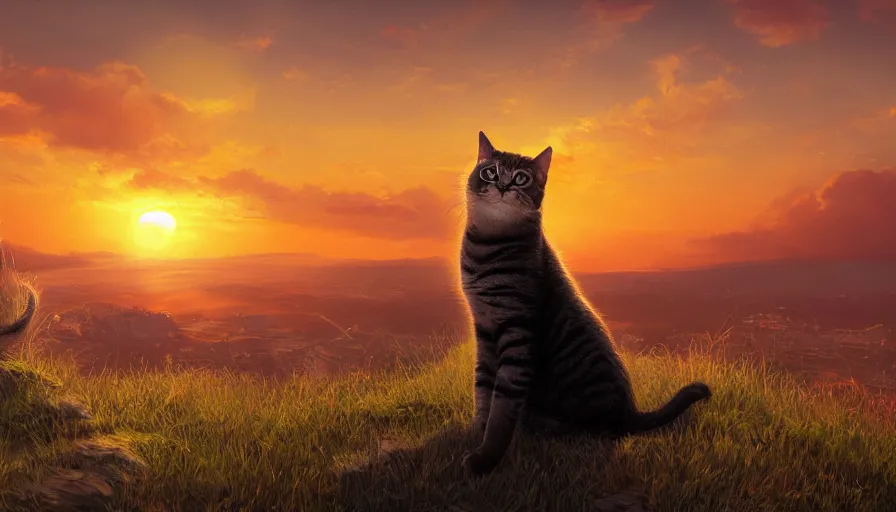 Image similar to cat sitting on the hill looking at gigantic sunset, hyperdetailed, artstation, cgsociety, 8 k