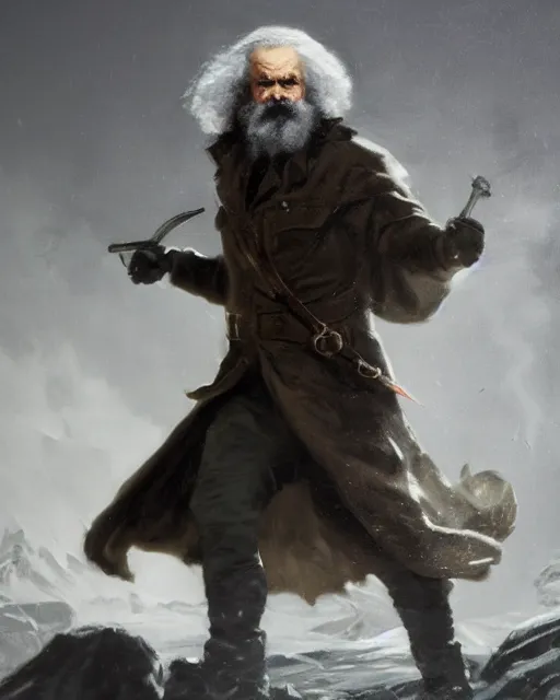 Prompt: oil painting of Angry Karl Marx, wearing fur cloak, sharp focus, holding Sabre, heroic pose, fantasy style, octane render, volumetric lighting, 8k high definition, by greg rutkowski, highly detailed, trending on art Station, magic the gathering artwork, Battlefield backround, centered