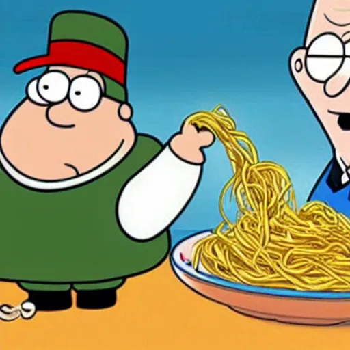 Prompt: Peter Griffin throwing pasta at Brian Griffin