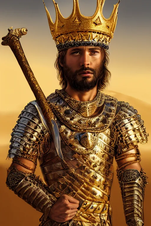 Image similar to Hyper-realistic Portrait of the King of the Desert, Warrior Man, standing in Sand, detailed scene, Gold Armour and Crown, Sword, handsome attractive face, beautiful face, photo realistic, highly detailed, dramatic lighting, majestic, trending on artstation, elegant, intricate, highly detailed, digital painting, concept art, sharp focus, illustration, art by artgerm and greg rutkowski and alphonse mucha