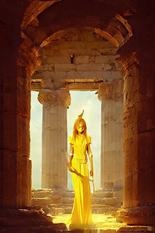 Image similar to possessed woman wearing an ancient greek tunic made of yellow paper, stephen bliss, unreal engine, fantasy art by greg rutkowski, rhads, ferdinand knab, makoto shinkai and lois van baarle, ilya kuvshinov, rossdraws, tom bagshaw, global illumination, radiant light, ancient greek temple ruins, red blue color theme