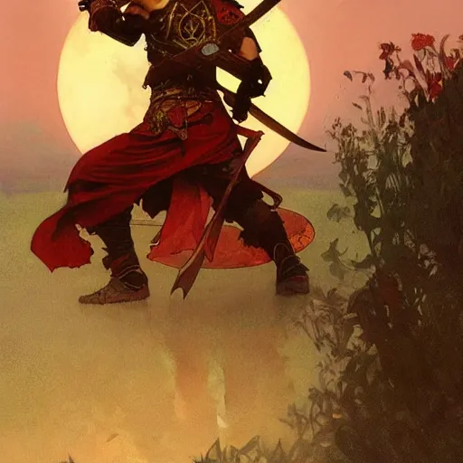 Image similar to Berserker warrior wielding a greataxe under a red moon, digital art, art by Alphonse Mucha, Greg Rutkowski, Alex Ross, WLOP, Artstation, 8K